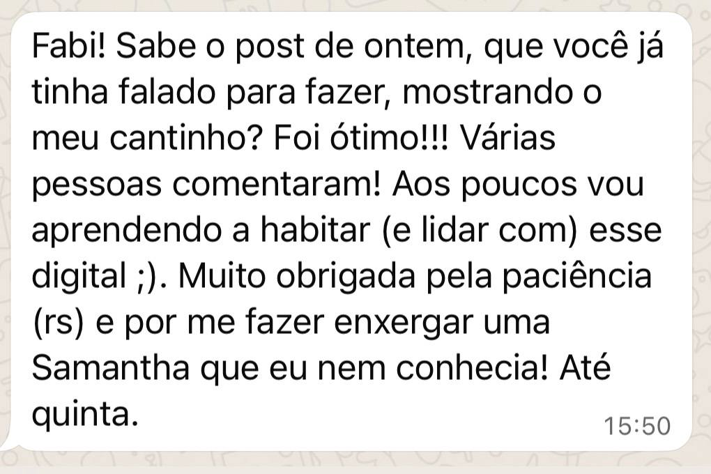 Depoimento de Samantha Moura sobre a mentoria com Fabi Moritz